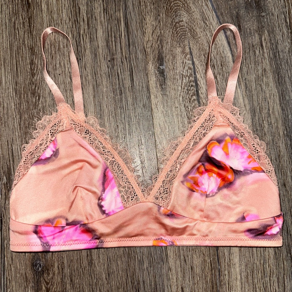 Auden Floral Lace Trim Peach Bralette Bra Size XS Extra Small